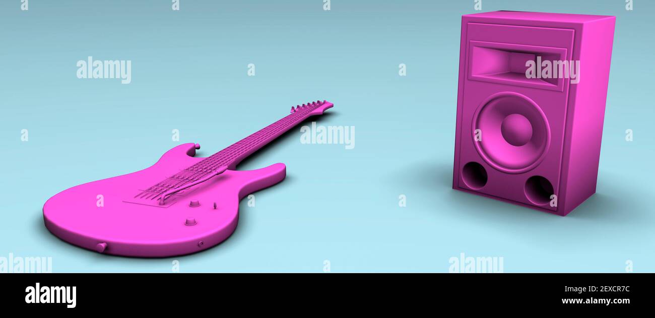 Pink Electric guitar and speaker amplifier concept on a blue background