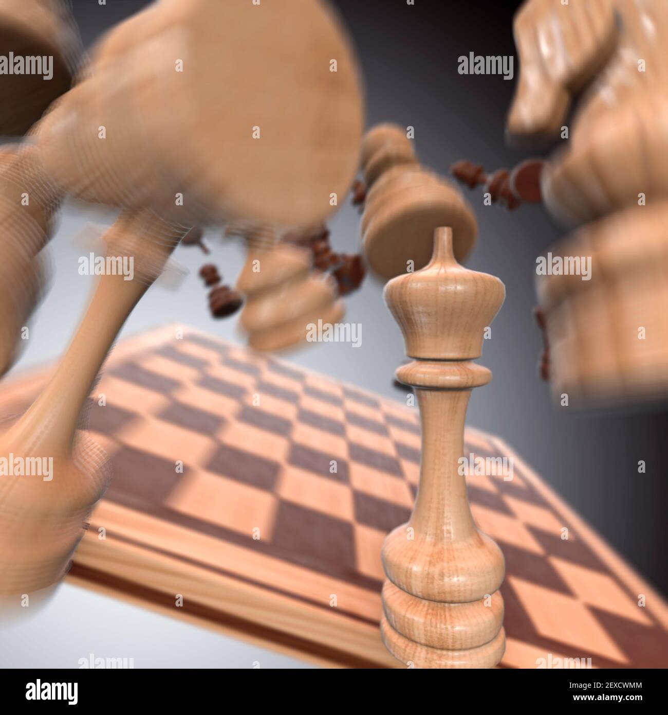 Wooden chess board being thrown with the pieces moving through the air