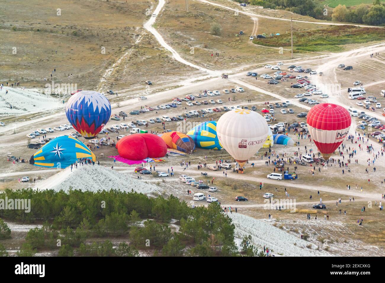 Russia, Crimea, Belogorsk September 19, 2020-Preparation for the launch of balloons at the festival of aeronautics at the foot of the White Rock Mount Stock Photo