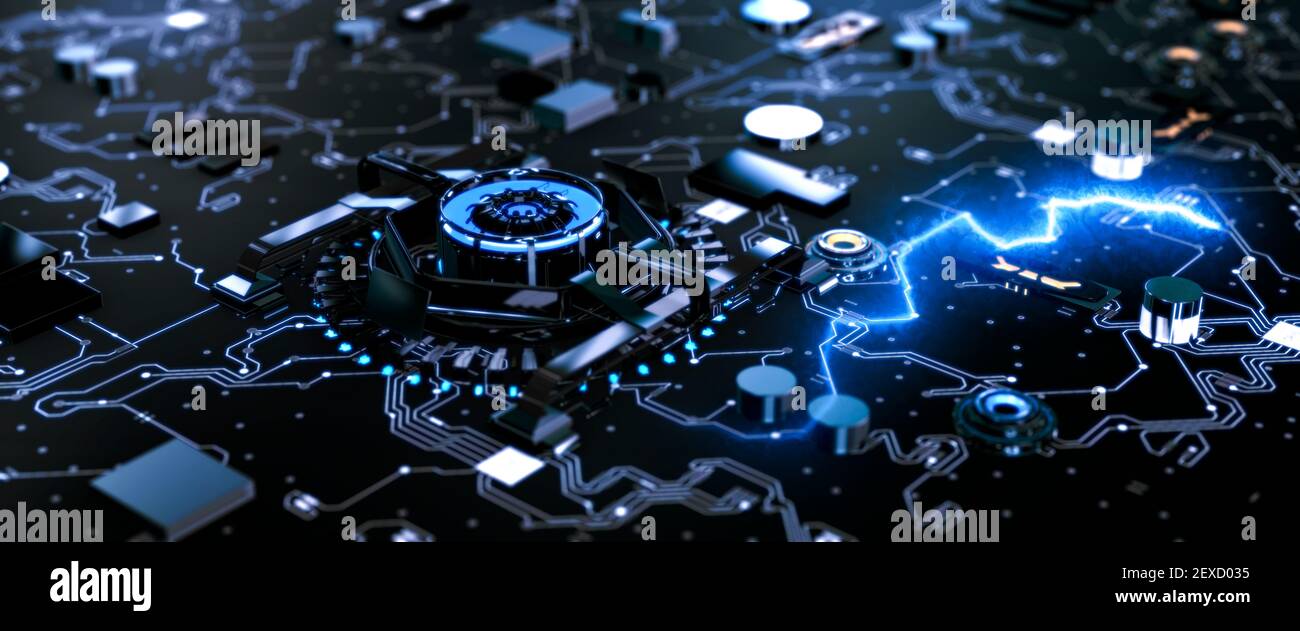 Futuristic style circuit board with illuminated processor sending electric pulses of information along the wires concept 3d render Stock Photo