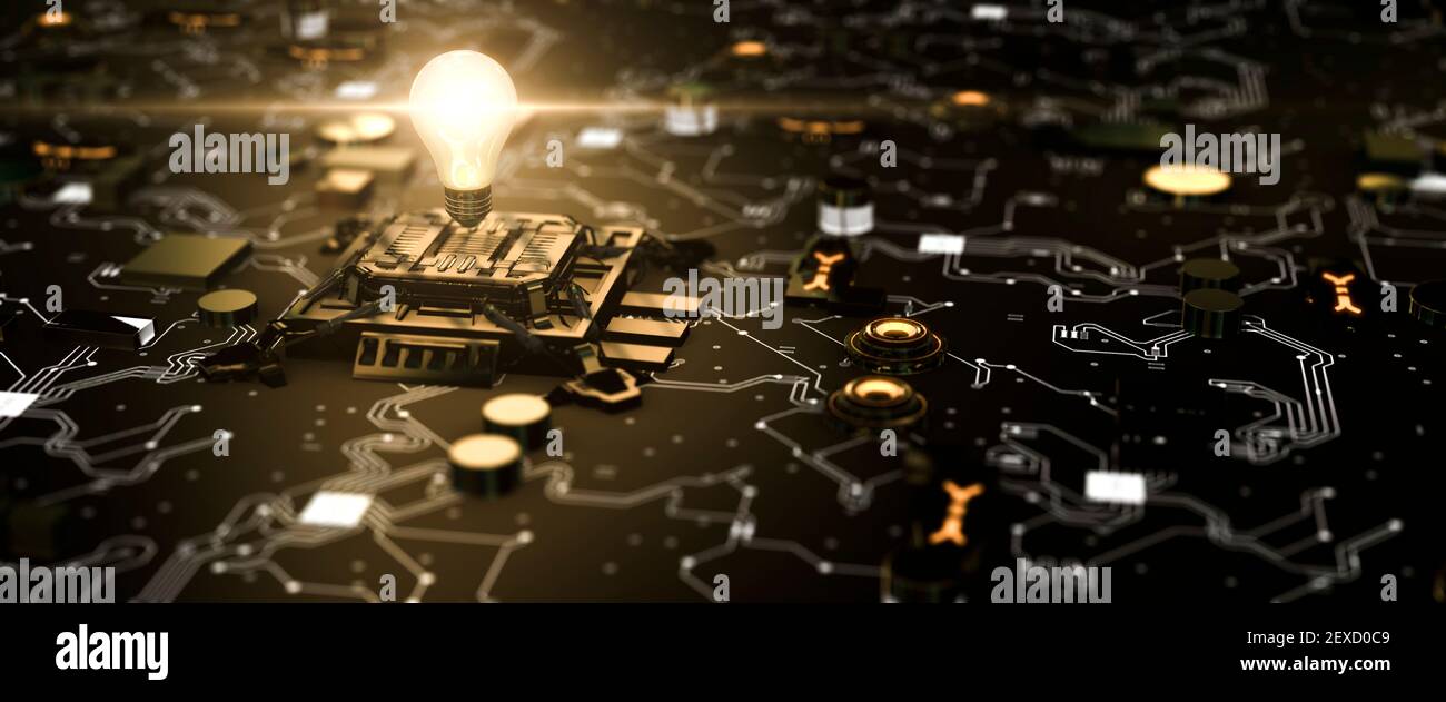 Conceptual light bulb demonstrating a computer AI thinking and problem ...