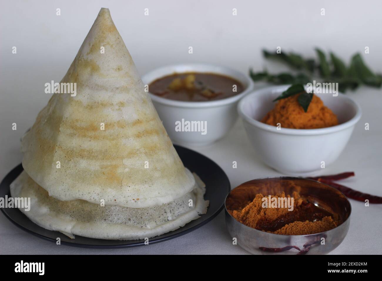 Crispy thin ghee dosa with sambar, coconut chutney and Molaha Podi