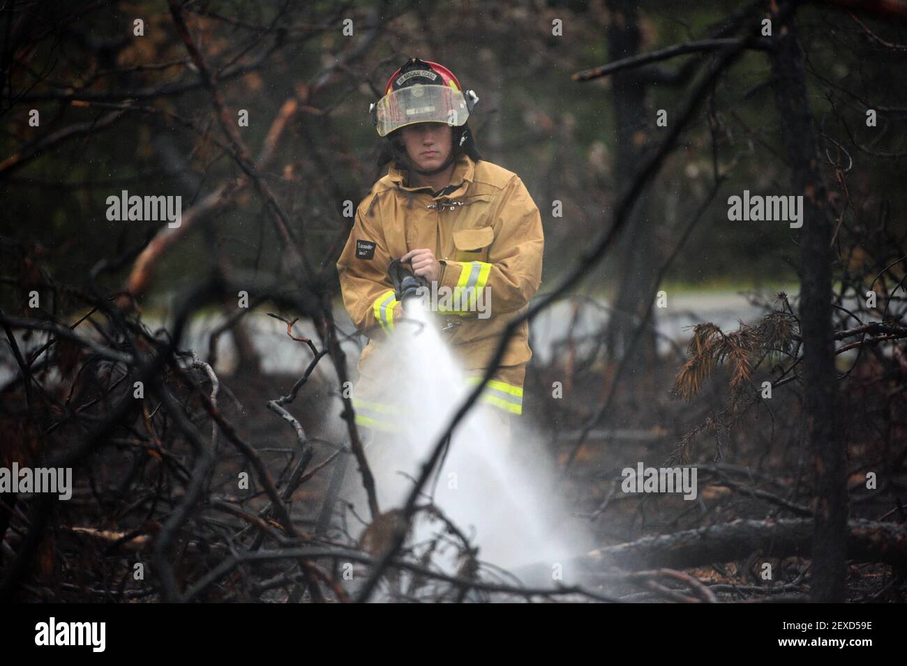 Senior Airman Brandon L. Ehlers, a firefighter with the 106th Rescue Wing, sprays down a burned area of woods Aug. 21, 2015, in Westhampton Beach, N.Y. Multiple agencies and fire departments responded to a major brush fire in the area. Firefighters from the 106th RQW checked for hot spots, which was a serious concern due to the dry weather during the previous week. (Photo by Staff Sgt. Christopher S. Muncy/New York Air National Guard) *** Please Use Credit from Credit Field *** Stock Photo