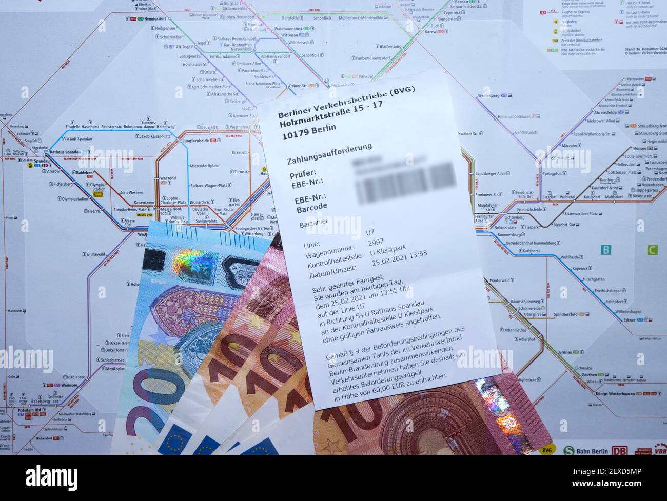 Receipt of the BVG, payed 60 Euros for travel without paying for the ticket Stock Photo