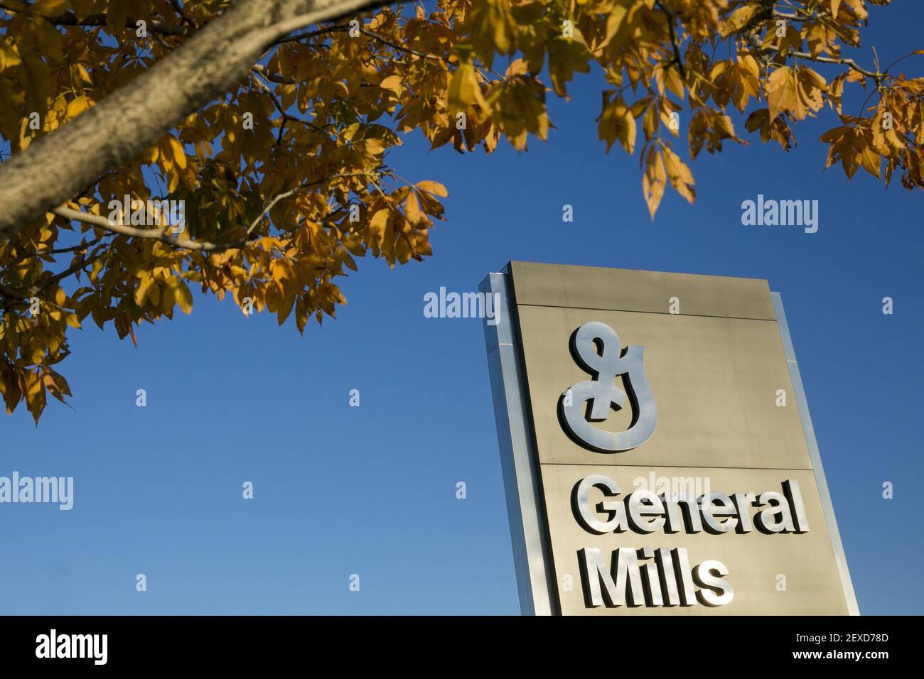 A logo sign outside of the headquarters of General Mills, Inc., in