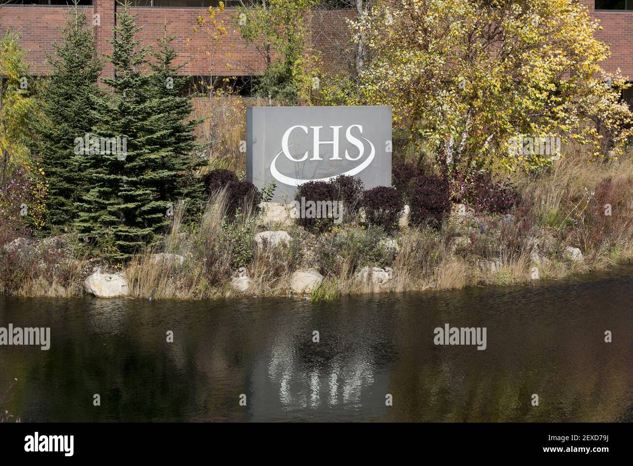 A logo sign outside of the headquarters of CHS Inc., in Inver Grove