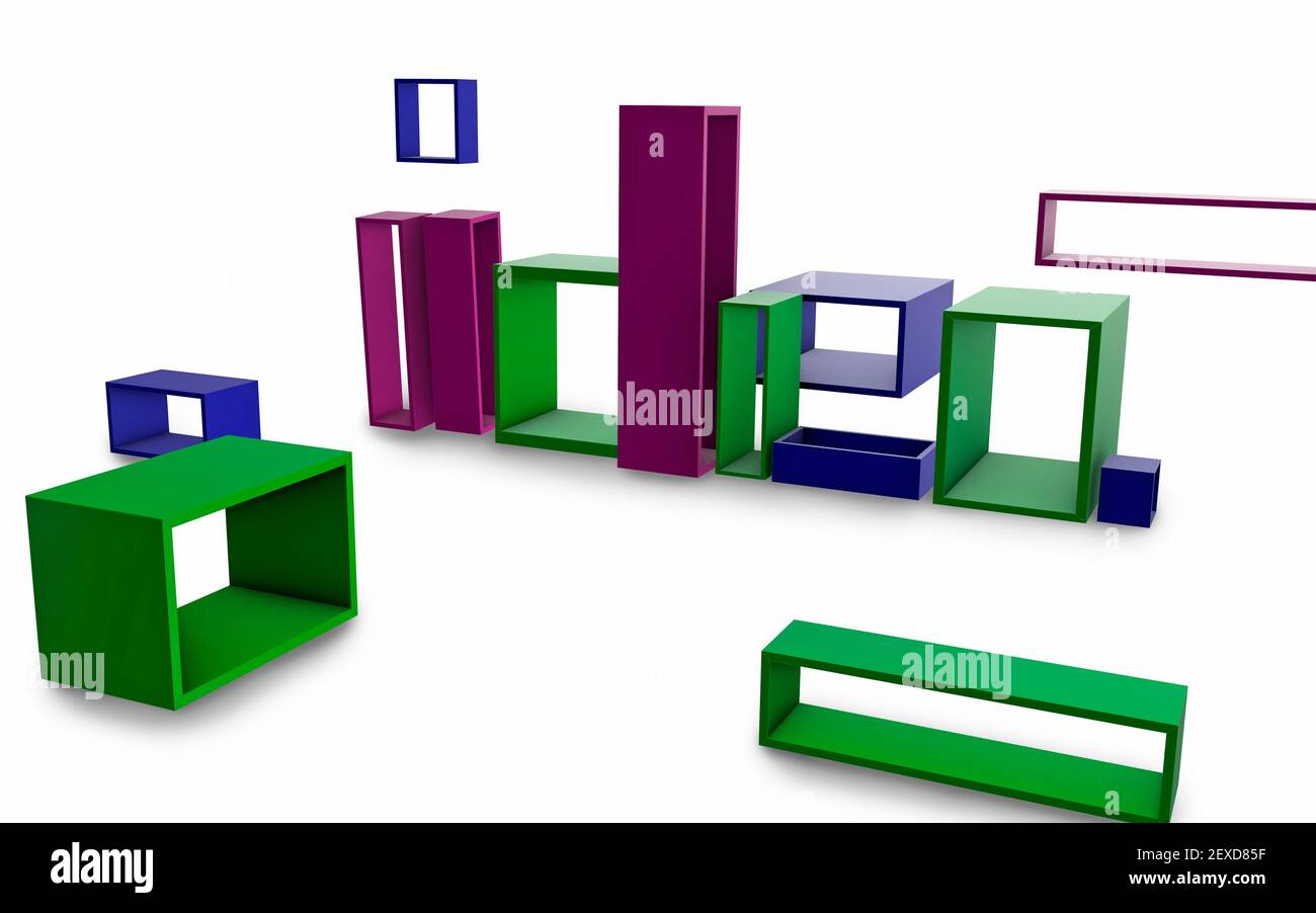 The word idea in a 3d format using various shaped blocks stacked on top
