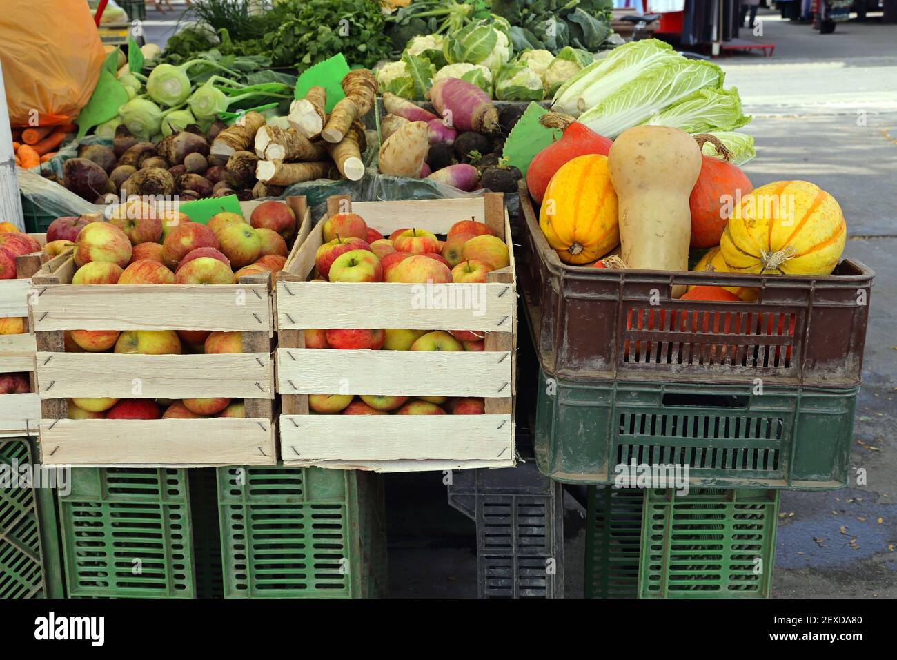 Fruits and Vegetables in Crates at Farmers Market Stock Photo - Alamy