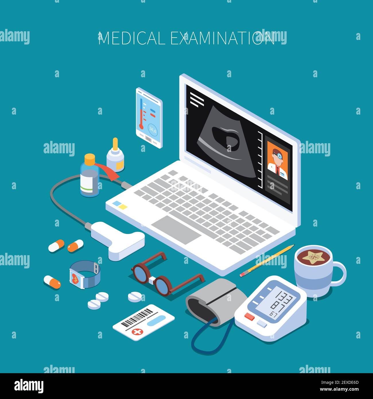 Remote medical examination isometric composition with human organ ultrasound on laptop screen and medicine devices vector illustration Stock Vector