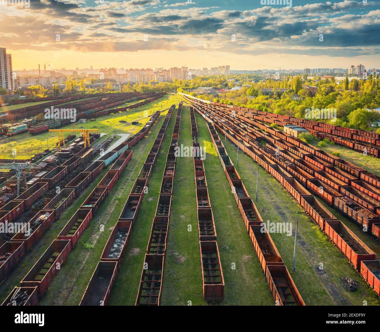 Aerial view of colorful freight trains. Railway station Stock Photo