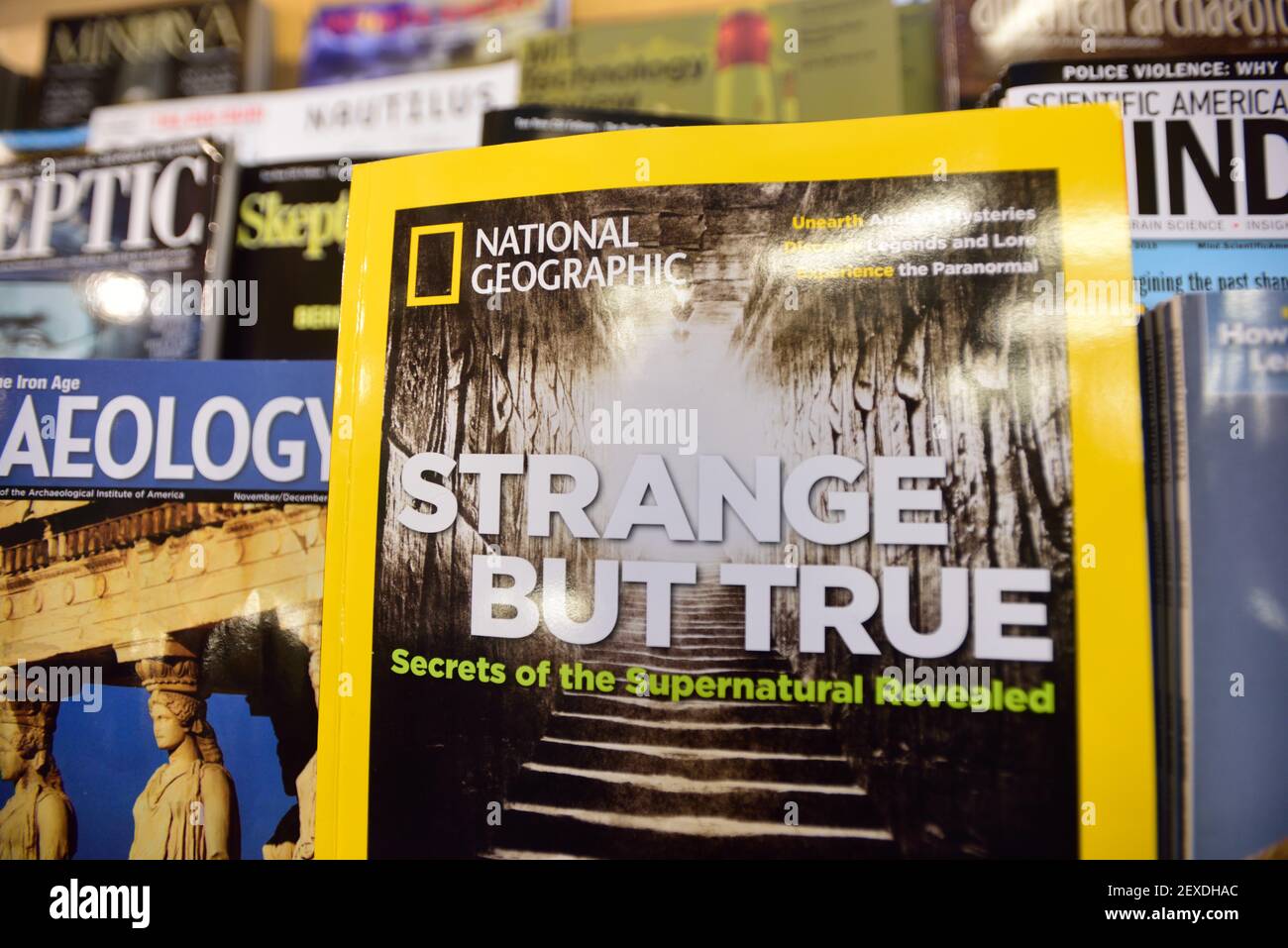 The current issue of National Geographic for sale at Powell's City of Books in Portland, Ore., on November 3, 2015. In September, 21st Century Fox expanded its partnership with National Geographic Society, taking a 73% share in the now for-profit venture and the organization has seen the largest amount of layoffs in its 127-year history. (Photo by Alex Milan Tracy) *** Please Use Credit from Credit Field *** Stock Photo