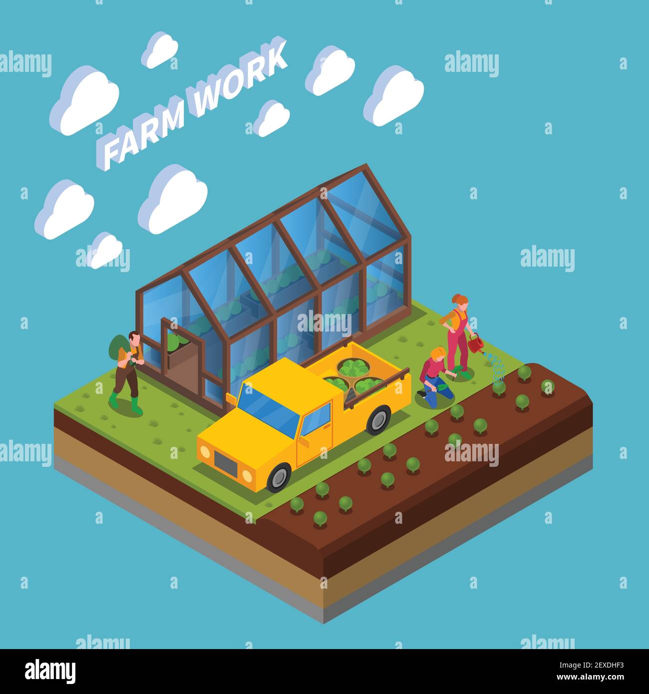 Farm work isometric composition growing of vegetable in green house and ...