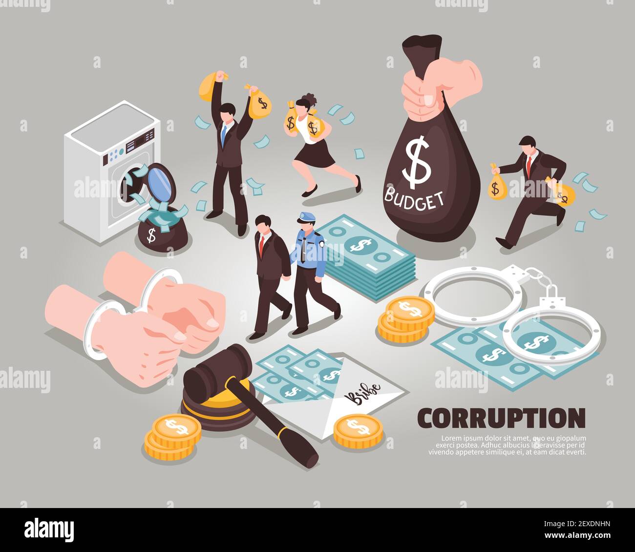 Corruption isometric vector illustration  Included icons symbolizing laundering bribery embezzlement corrupt judge corrupt politician Stock Vector