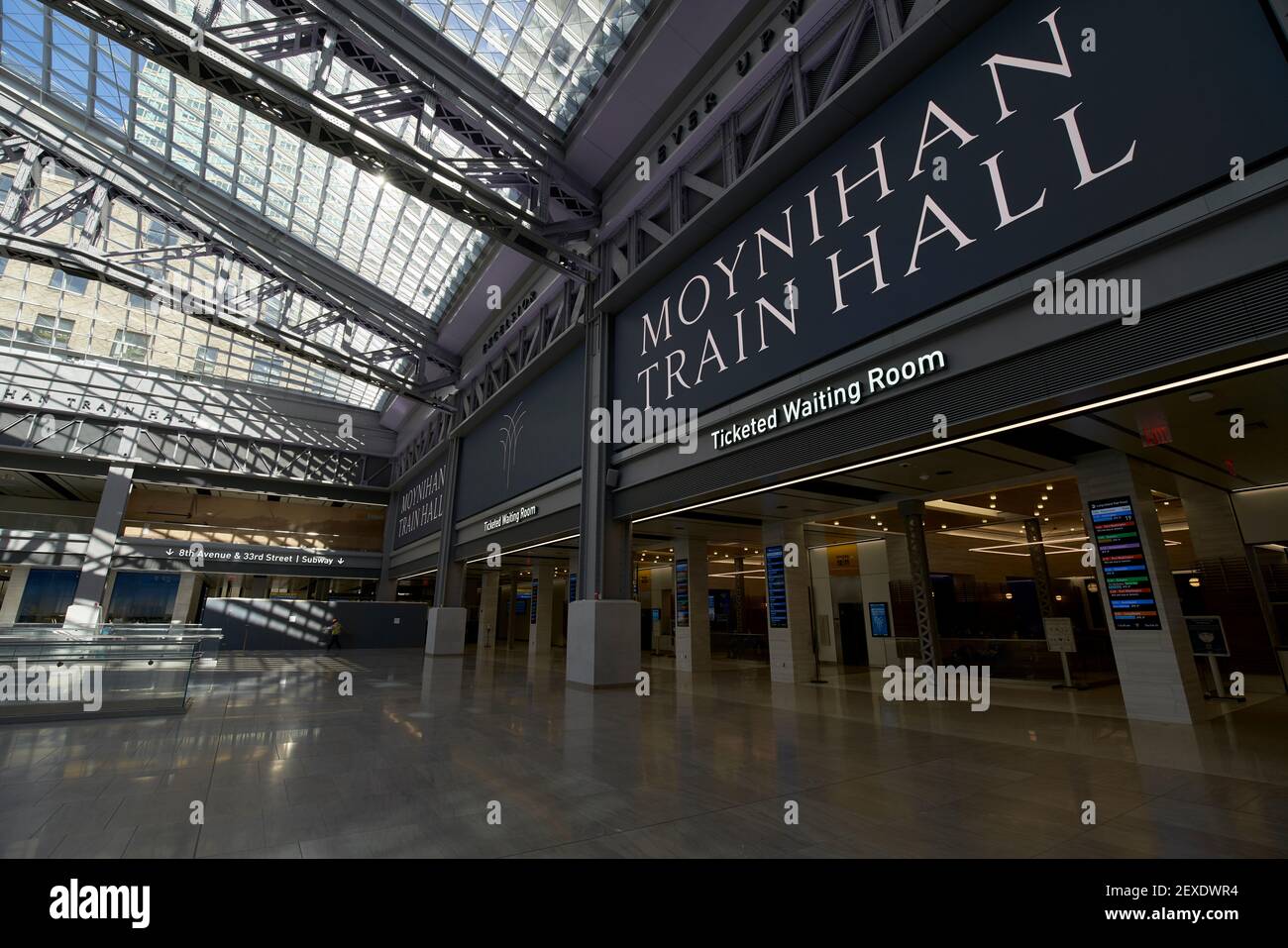 Ticketed waiting room in the Moynihan Train Hall at Penn station, New York City. Stock Photo