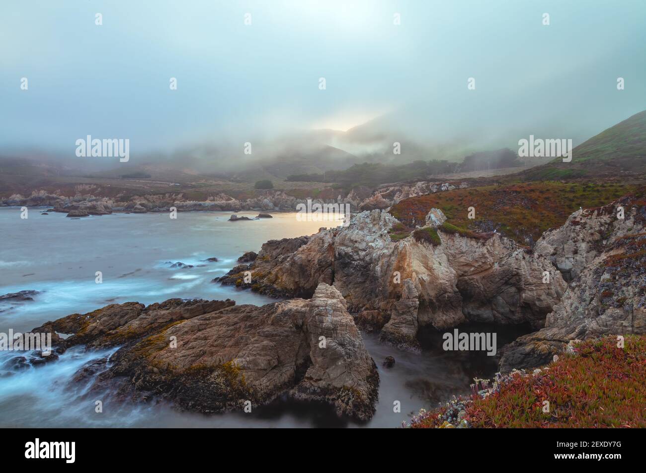 Sunrise at California Coast at Garrapata State Park on a foggy summer day, United States. Stock Photo