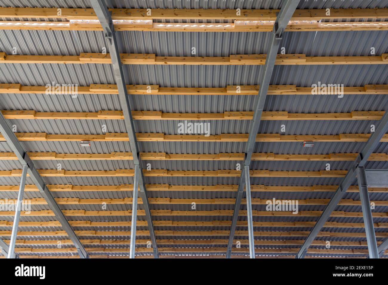 The Roof Structure Of A Large Hangar Consists Of A Steel Frame And Timber Floor Joists Construction Phase Of A Large Complex On A Farm Stock Photo Alamy