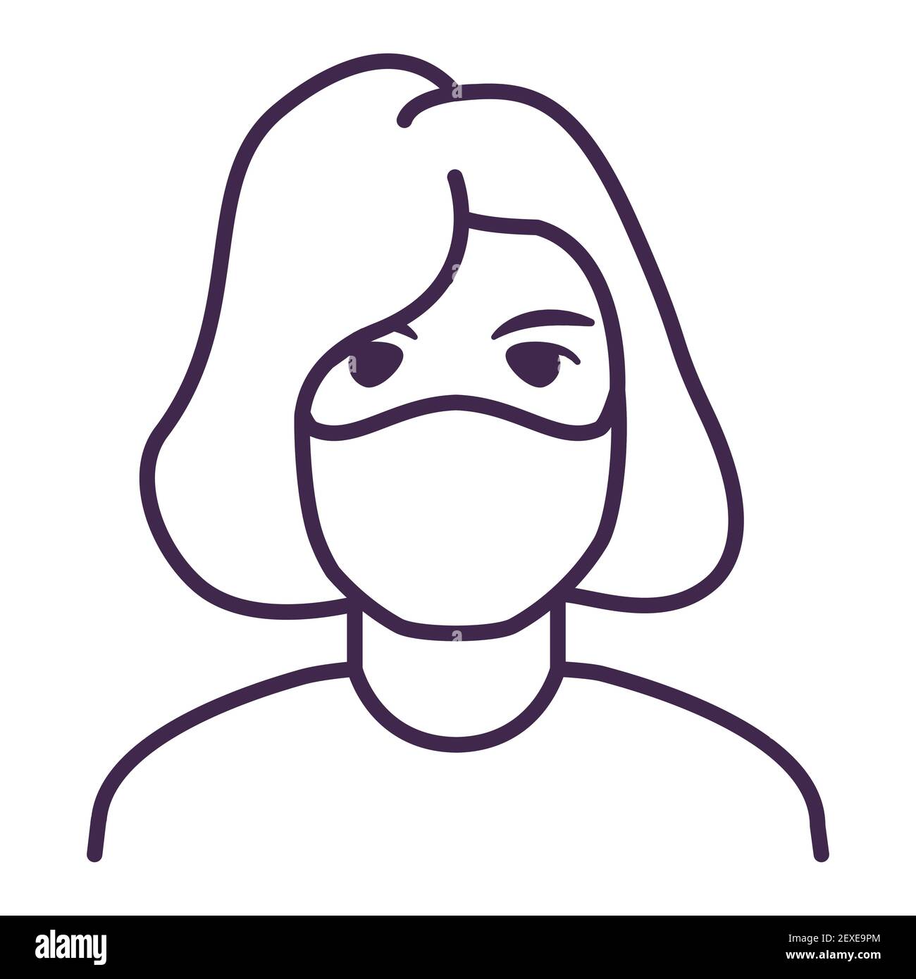 Girl wearing protective surgical mask.Outline vector flat .Coronavirus protection female icon. Stock Vector