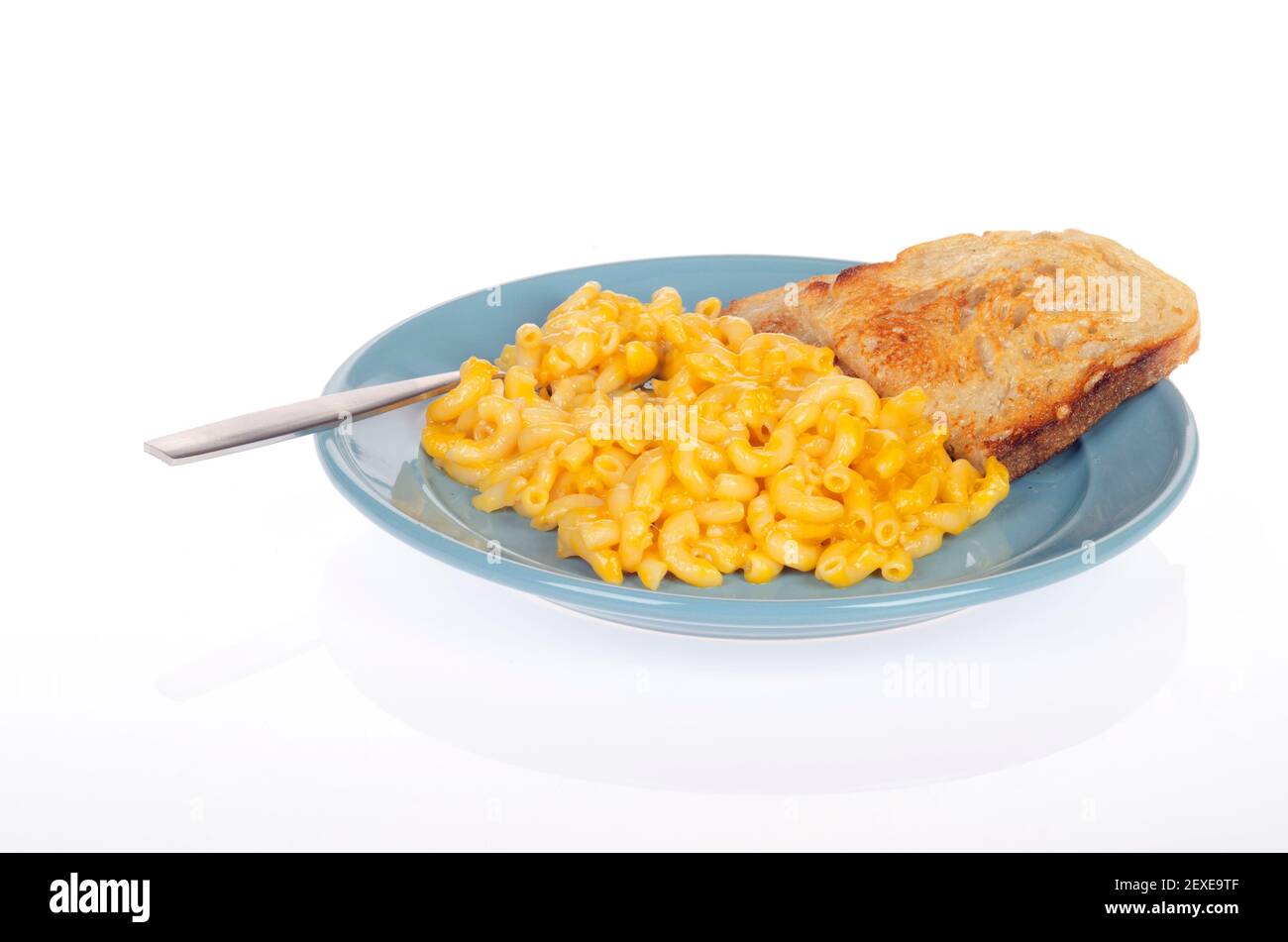 Blue Plate of Amy's Organic Vegan Macaroni & Gluten Free Rice Cheese or Cheeze non-gmo with Sourdough bread brushed with Olive Oil Stock Photo