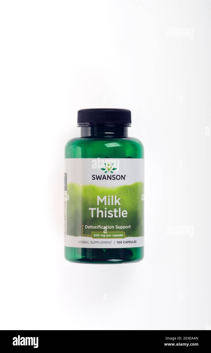 Bottle of Swanson Milk Thistle Herbal Supplements for Liver Detoxification Support Stock Photo