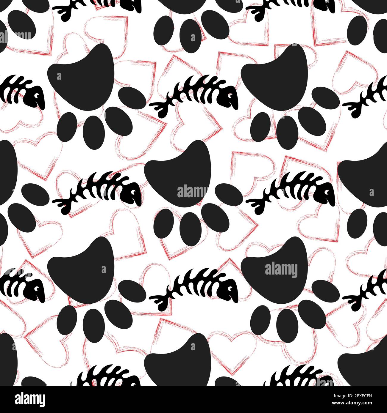 Seamless pattern with black dog paws, red hearts and fish bones skeletons on white background. Vector flat cartoon illustration. Stock Vector