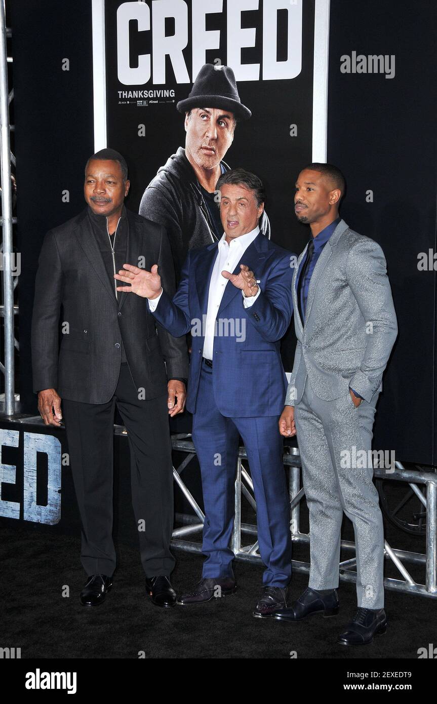 L-R) Carl Weathers, Sylvester Stallone and Michael B. Jordan arrives at the  "Creed" Los Angeles Premiere held at the Regency Village Theater in  Westwood, CA on Thursday, November 19, 2015. (Photo By