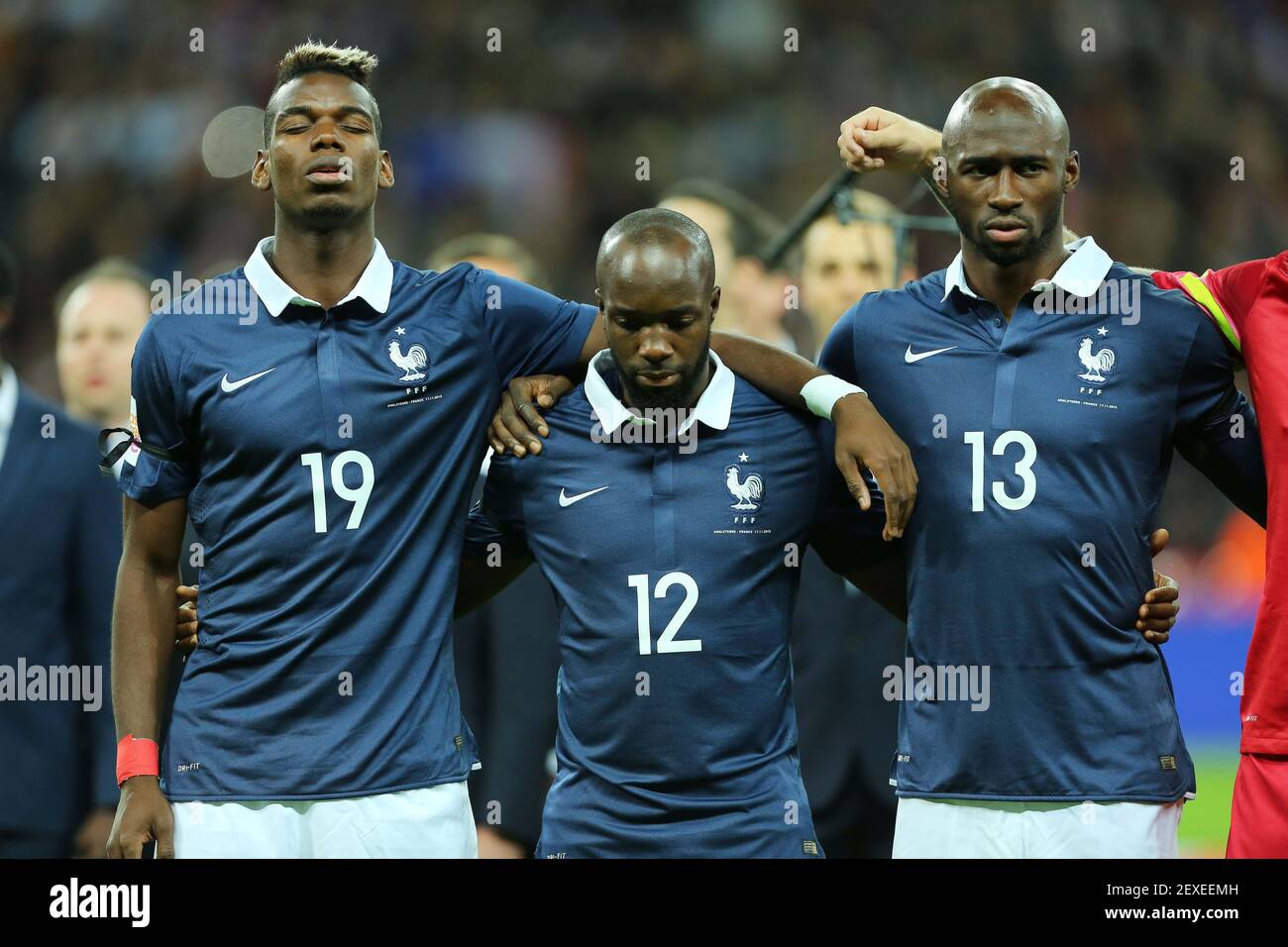 Nov. 17, 2015 - London, United Kingdom - France's Paul Pogba, Lassana Diarra and Eliaquim Mangala look on dejected during the national anthem..International Friendly Match- England v France - Wembley Stadium - England - 17th November 2015 - Picture David Klein/Sportimage/Cal Sport Media. *** Please Use Credit from Credit Field *** Stock Photo