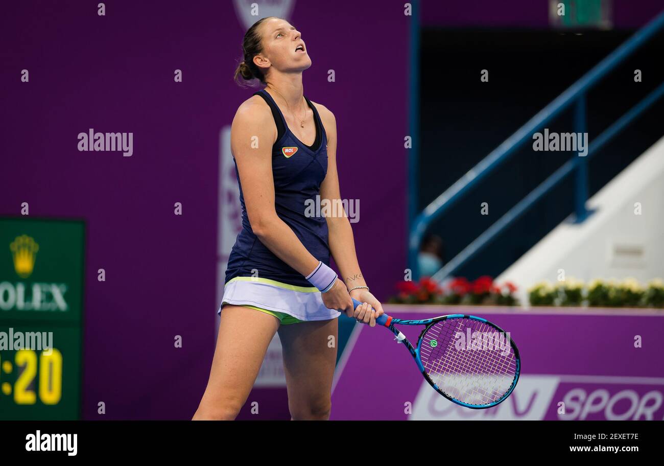 Doha, Qatar. 04th Mar, 2021. Karolina Pliskova of the Czech Republic in  action during the quarter-finals of the 2021 Qatar Total Open, WTA 500 tennis  tournament on March 4, 2021 at the