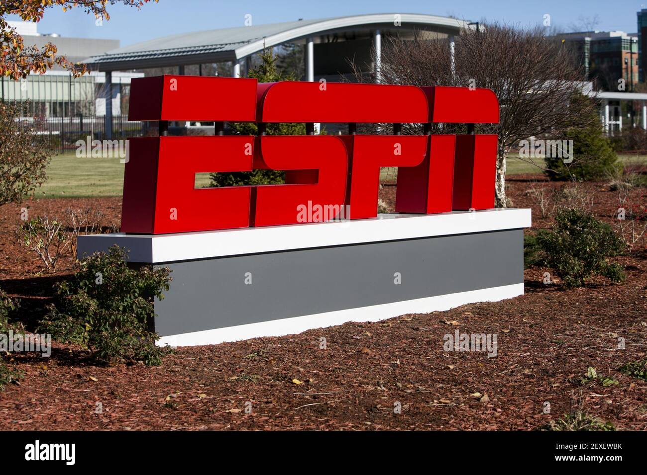 A logo sign outside of the headquarters of ESPN in Bristol, Connecticut