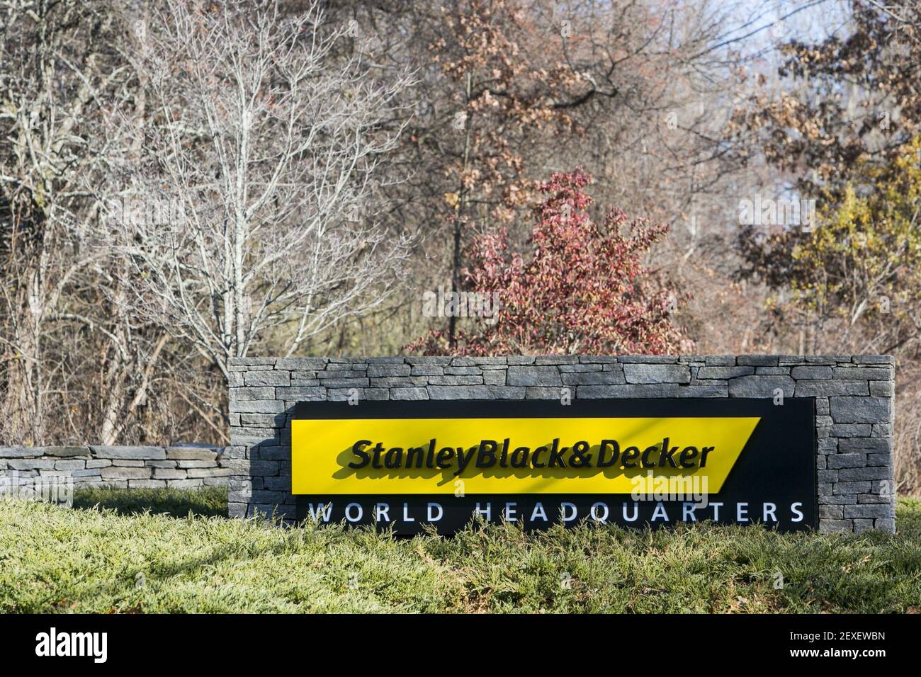 A logo sign outside of the headquarters of Stanley Black Decker