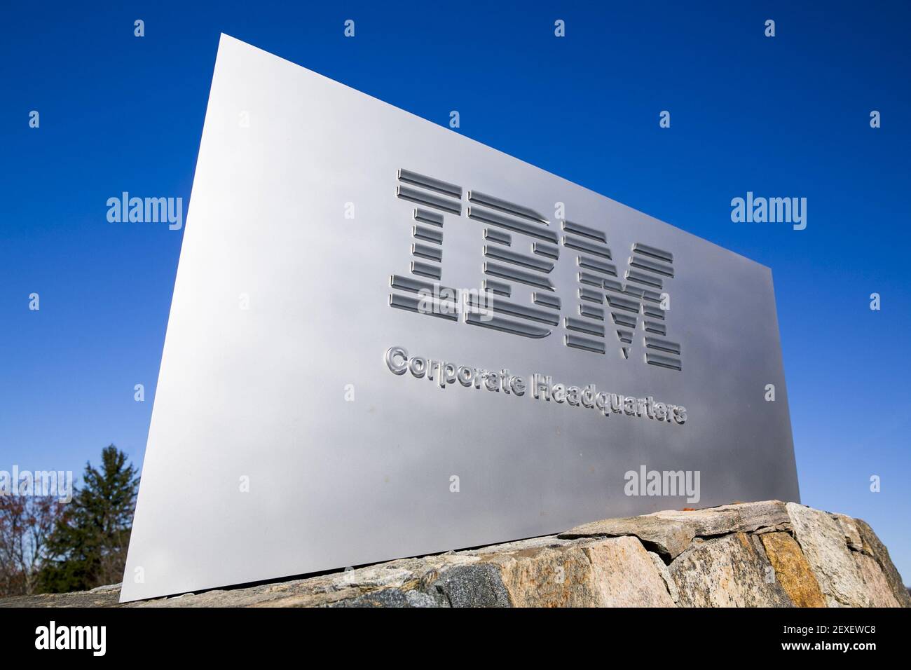 A logo sign outside of the headquarters of IBM in Armonk, New York on