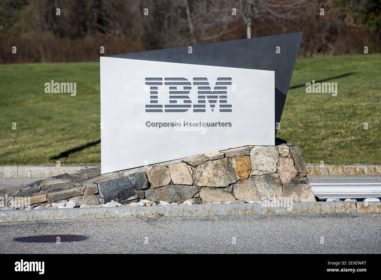 A logo sign outside of the headquarters of IBM in Armonk, New York on