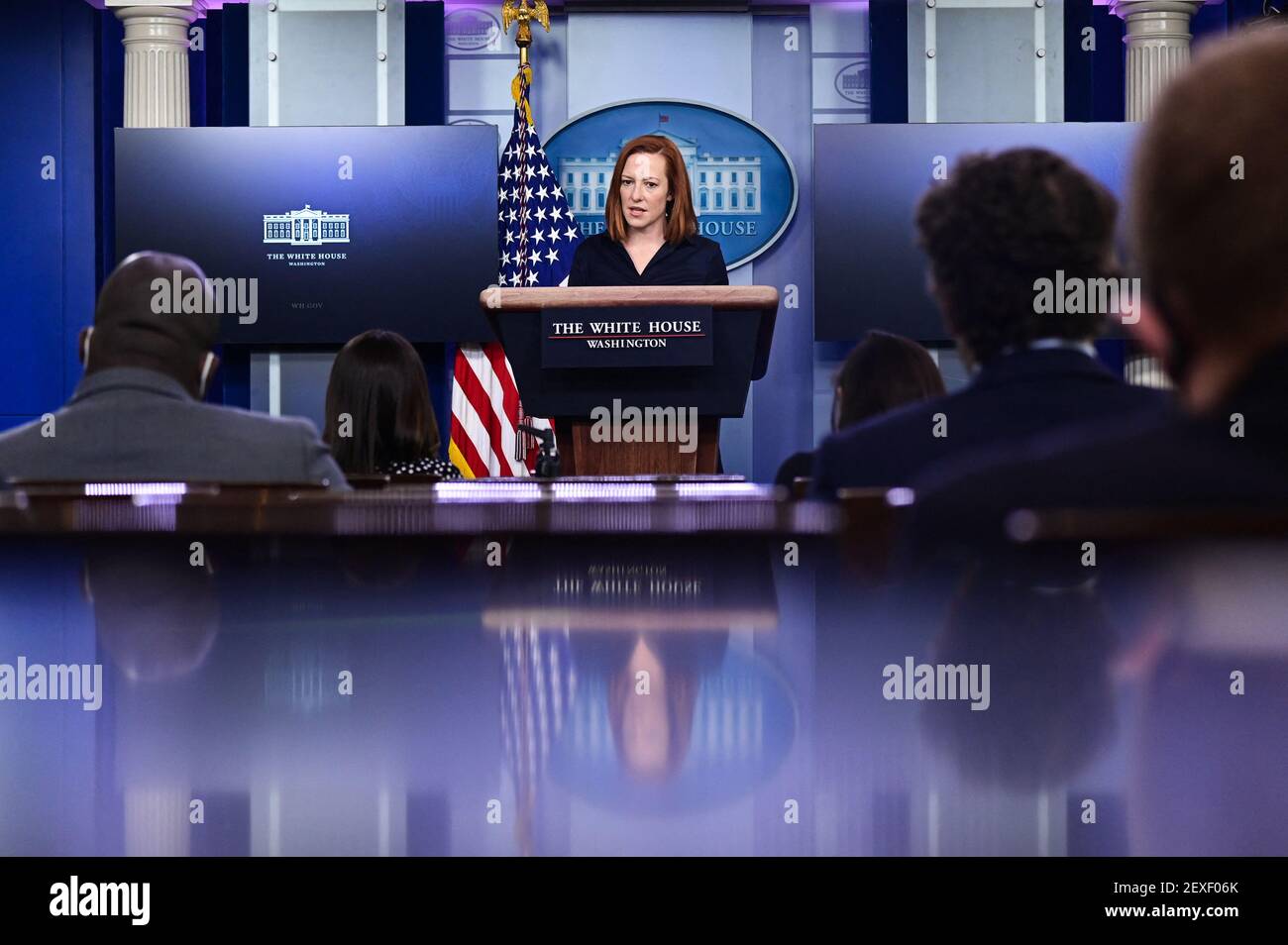 Jen Psaki, White House press secretary, speaks during a news conference in the James S. Brady Press Briefing Room at the White House in Washington, D.C., U.S., on Thursday, March 4, 2021. President Biden is struggling to head off a potential humanitarian and political crisis on the U.S. southern border, where a spike in migrant crossings, particularly by unaccompanied children, threatens to overwhelm government shelters. Credit: Erin Scott / Pool via CNP Stock Photo