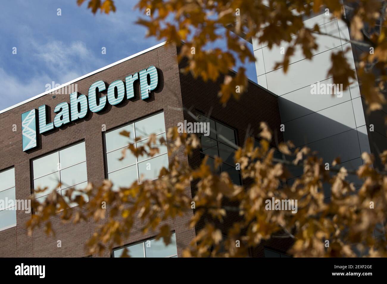 A logo sign outside of the headquarters of Laboratory Corporation of
