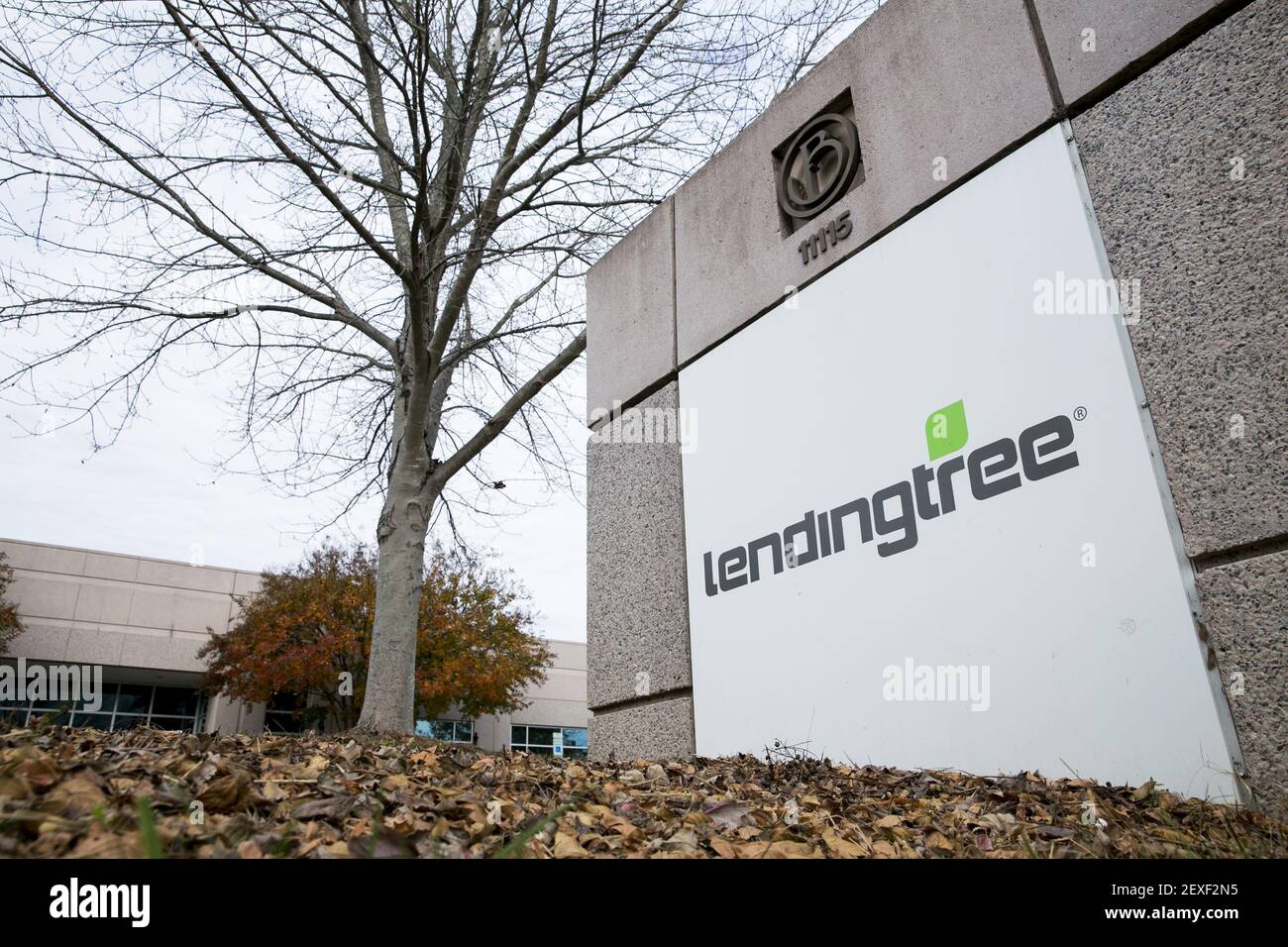 A logo sign outside the headquarters of LendingTree in Charlotte, North