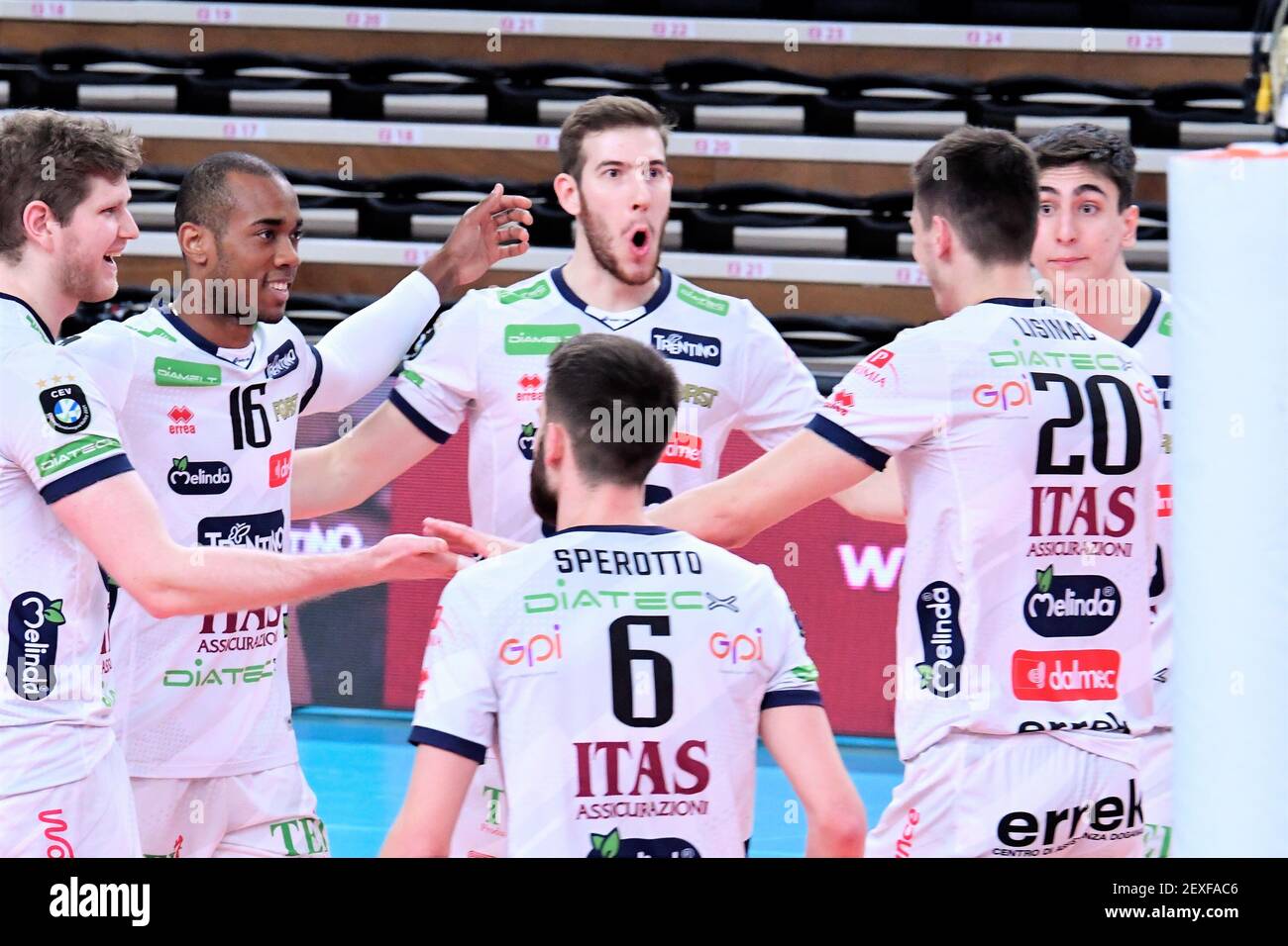 Trento, Italy. 04th Mar, 2021. Andrea Argenta Lorenzo Cortesia Luis Sosa Sierra (Trentino Itas) during Itas Trentino vs Berlin Recycling Volleys, CEV Champions League volleyball match in Trento, Italy, March 04 2021 Credit: Independent Photo Agency/Alamy Live News Stock Photo