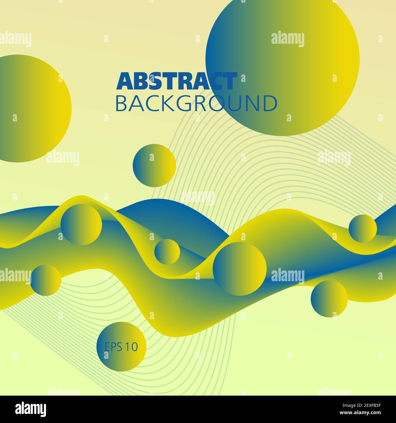 Green-yellow, blue flowing wave, flying spheres. Abstract fluid. Multicolored 3d pattern, motion illusion. Vector background. Futuristic design. EPS10 Stock Vector
