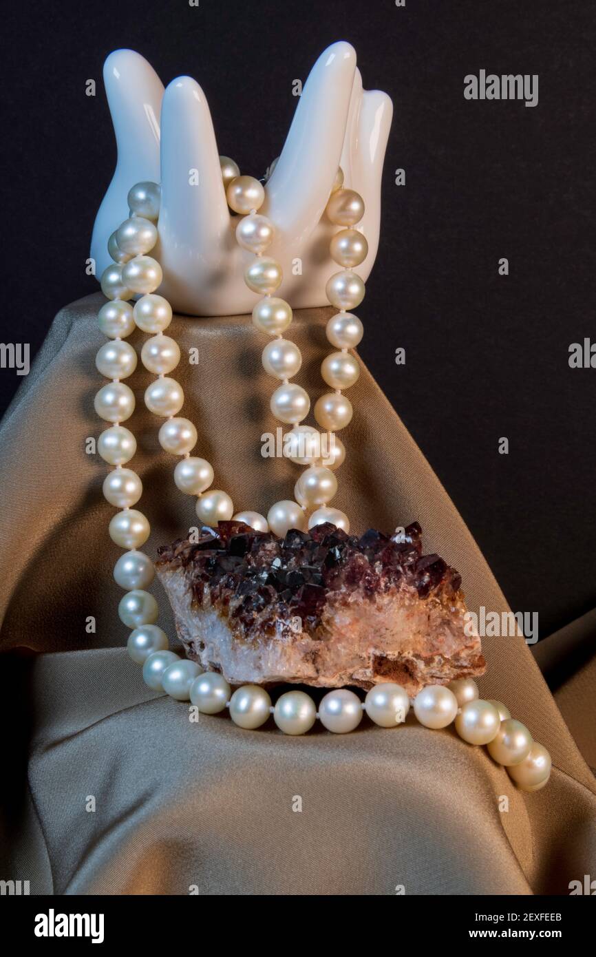 Amethyst And Pearl Necklace Presented On A Nice Drapery Stock Photo Alamy