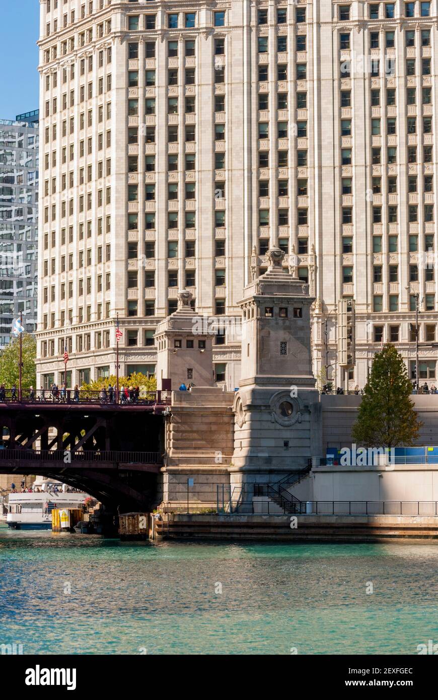 Front of the Wrigley building and bridge across Chicago River Chicago Illinois Stock Photo