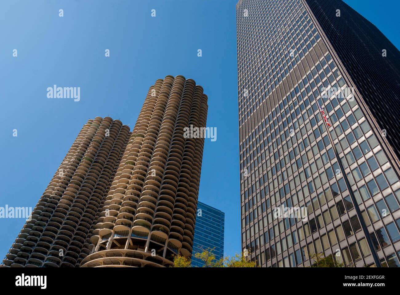 Marina City towers on the left and AMA Plaza building on the right, Chicago Illinois. Stock Photo