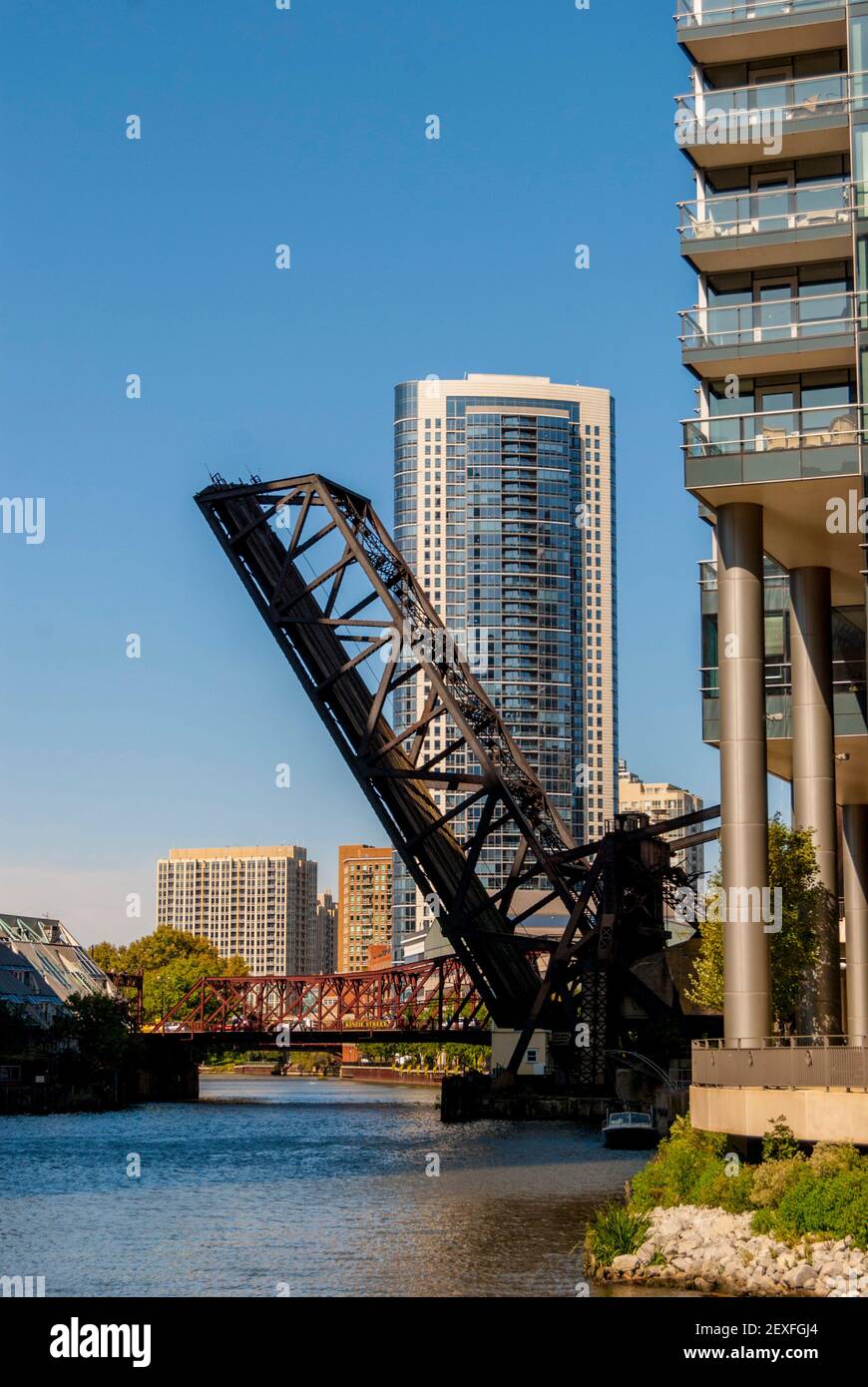 Open bascules bridge in Down town chicago Near Kinzie St Bridge Stock Photo