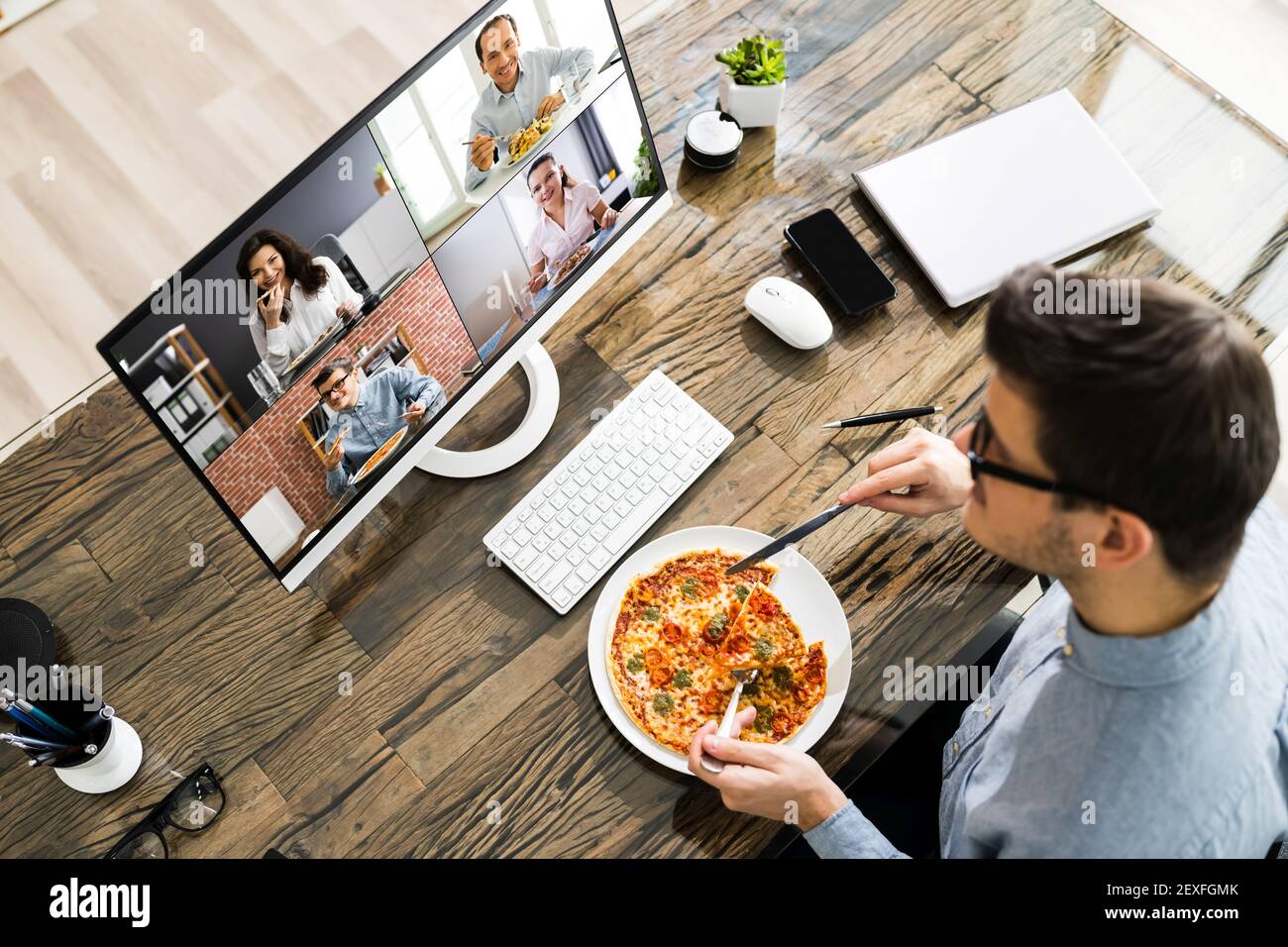 Virtual Office Video Conference Eating Party Or Break Stock Photo
