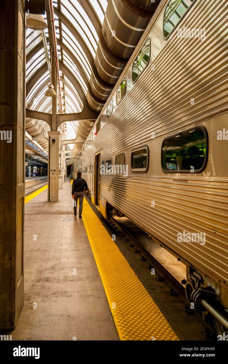 Double deck Chicago Metra train on platform at Union Station Chicago. Stock Photo
