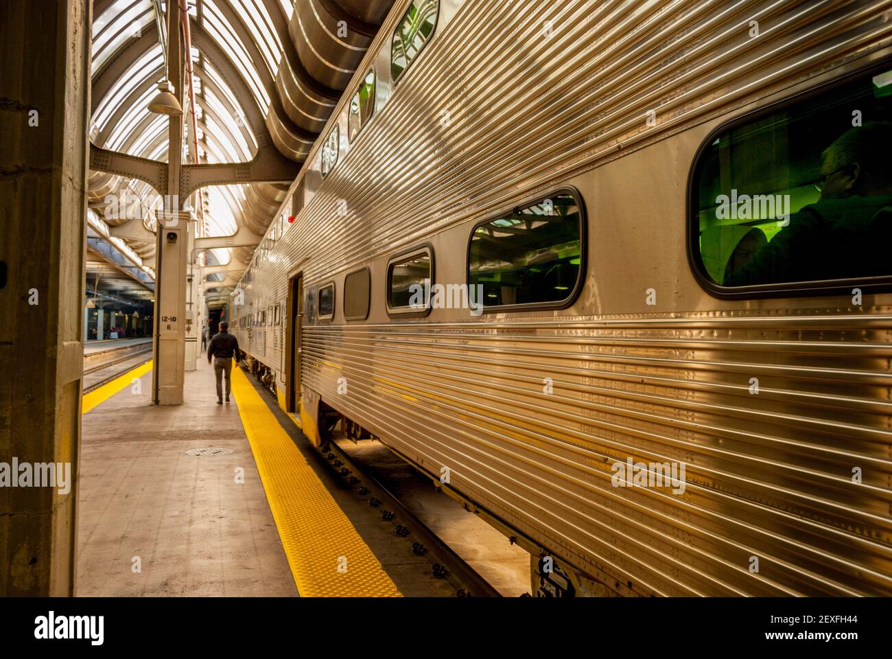 Double deck Chicago Metra train on platform at Union Station Chicago. Stock Photo