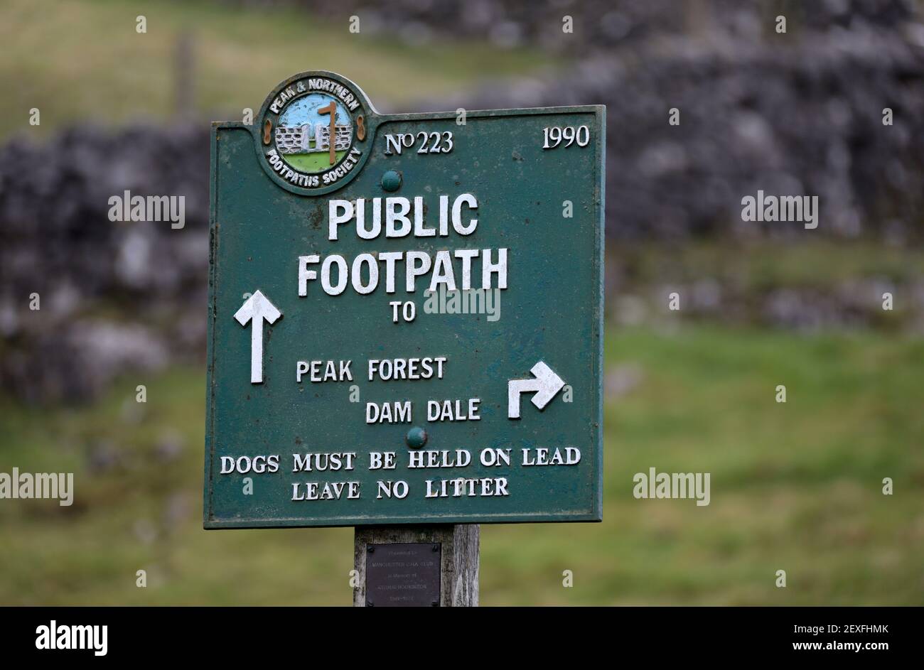 Public footpath sign at Peak Forest in Derbyshire Stock Photo
