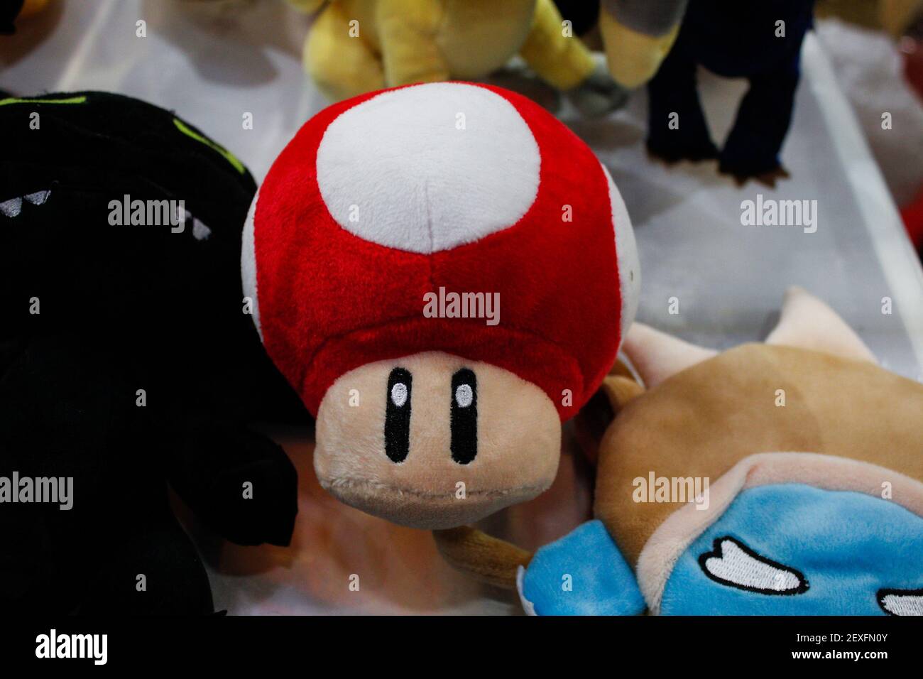 A mushroom peluches by Super Mario Bros. Second edition of "Xmas Comics and  Games" a Christmas party, preview of Torino Comics 2016, the fascinating  fair featuring cartoon scheduled every year in April. (