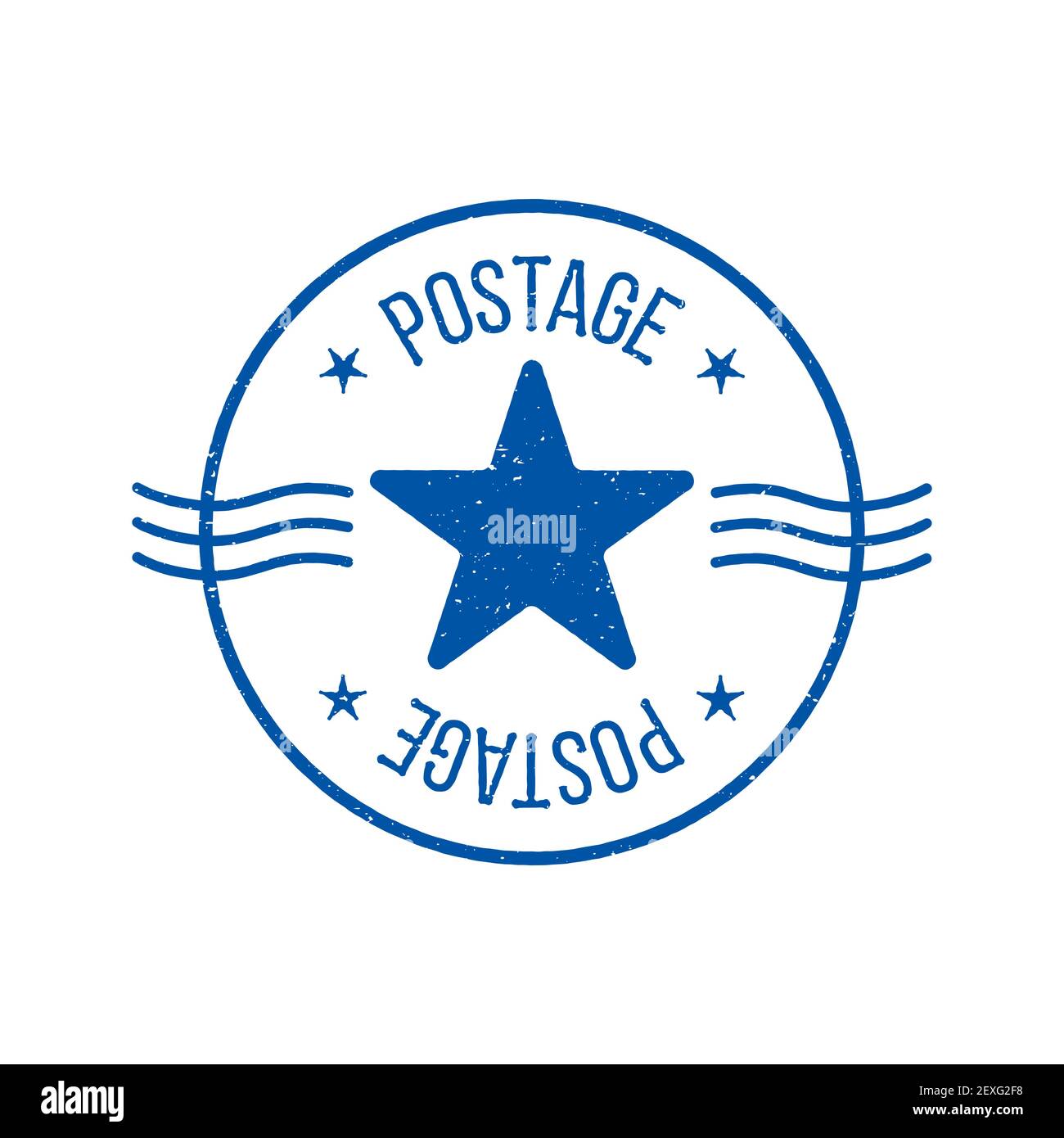Distressed postal stamp vector illustration. Round shape blue postage stamp, with star and waves. Stock Vector