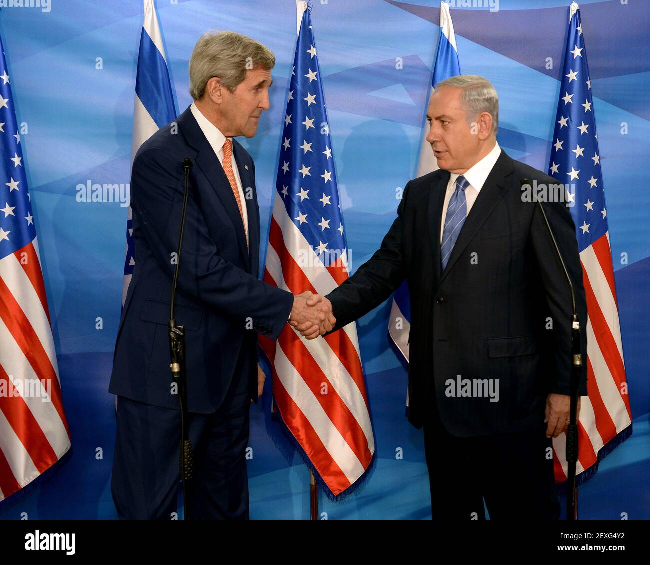 Secretary of State John Kerry and Israeli Prime Minister Benjamin Netanyahu greet each other before their meeting at the Prime Ministerâ€™s Office in Jerusalem, Nov. 24, 2015. (Photo by DoD) *** Please Use Credit from Credit Field *** Stock Photo