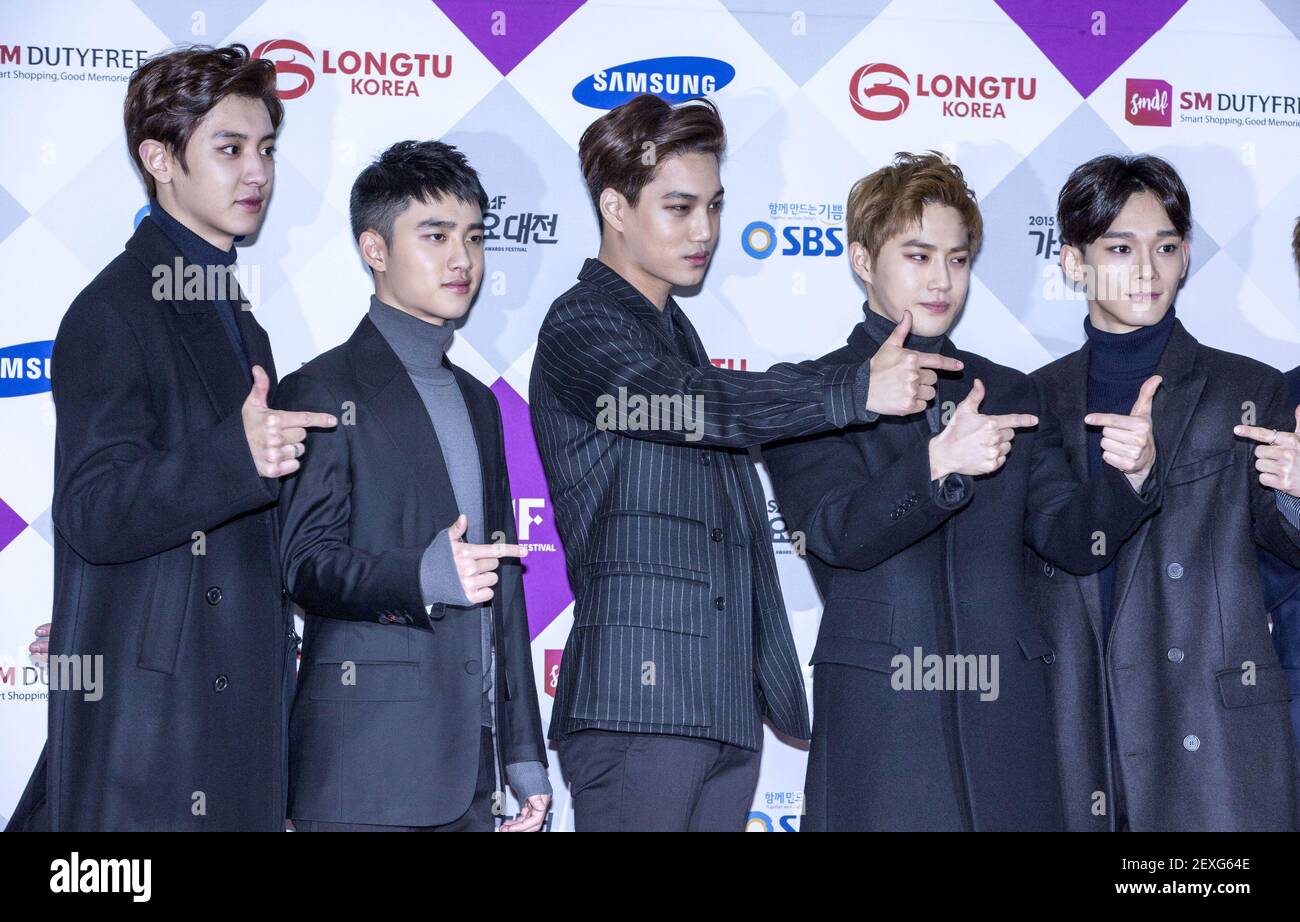 27 December 2015 - Seoul, South Korea : (L to R) South Korean Chanyeol,  D.O, Kai. Su Ho and Chen, members of K-Pop boys group EXO, attend a photo  call for the