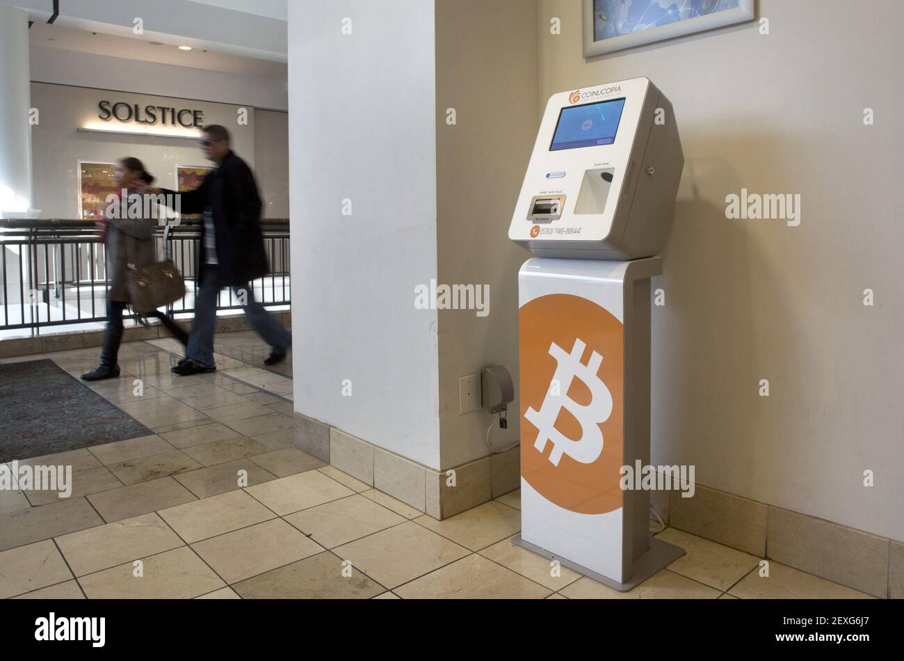 A bitcoin ATM is available for transactions at Westfield Valley Fair mall  on Dec. 16, 2015 in San Jose, Calif. The machine allows a person to  exchange bitcoins and cash without the