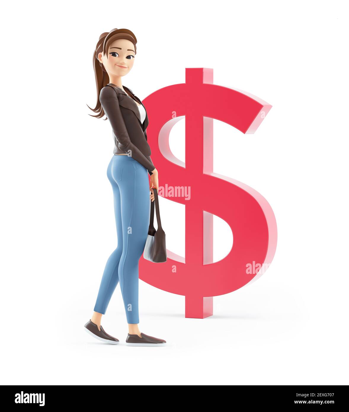 3d cartoon woman in front of dollar sign, illustration isolated on white background Stock Photo